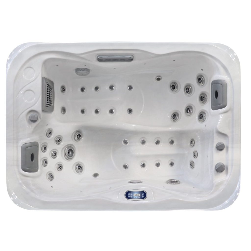 Cocoa Point hot tub overhead view showing dual loungers and hydrotherapy jets