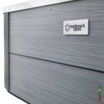 Sunbeach Spas logo on Cocoa Point hot tub grey cabinet panel