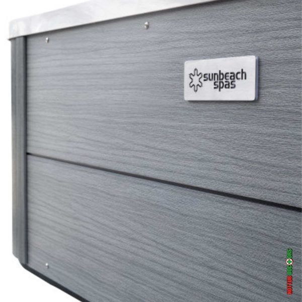 Sunbeach Spas logo on Cocoa Point hot tub grey cabinet panel