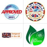 Coral Bay hot tub award logos including WhatSpa Approved and Go Green insulation