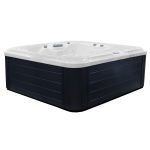 Side cabinet view of Key West Deep Deluxe hot tub with grey wood-effect panels