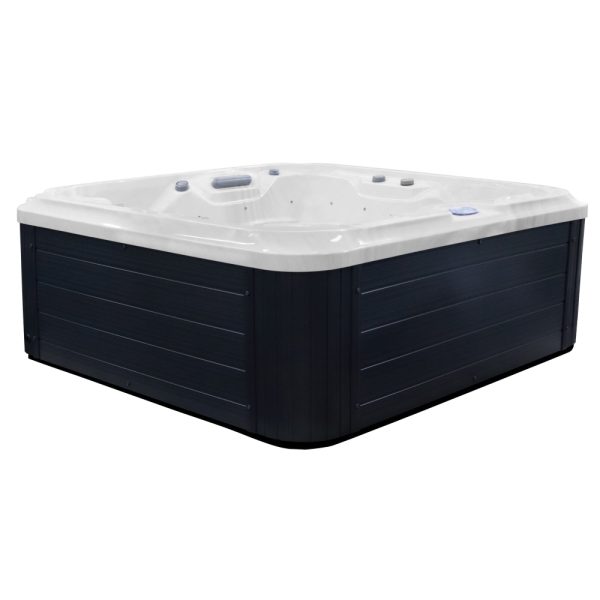 Side cabinet view of Key West Deep Deluxe hot tub with grey wood-effect panels