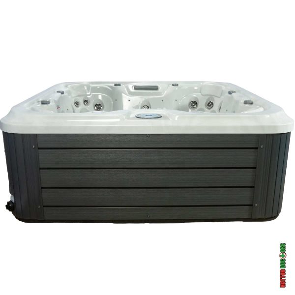 Close up of Monteray hot tub grey wood-effect side cabinet panels