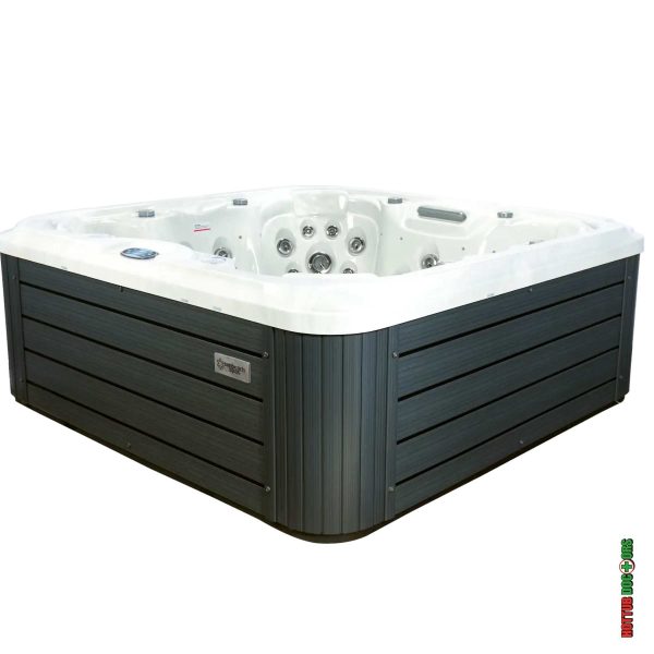 Monteray hot tub side cabinet view with Sunbeach Spas branding