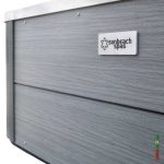 Sunbeach Spas stainless steel logo badge on Coral Bay Deep Deluxe hot tub cabinet