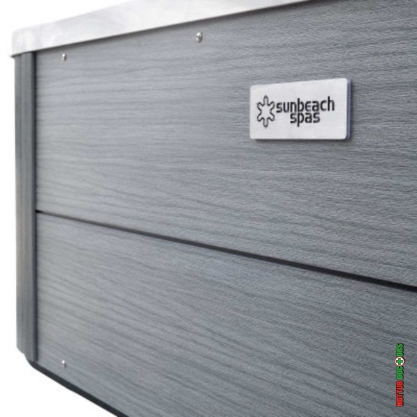 Sunbeach Spas stainless steel logo badge on Coral Bay Deep Deluxe hot tub cabinet