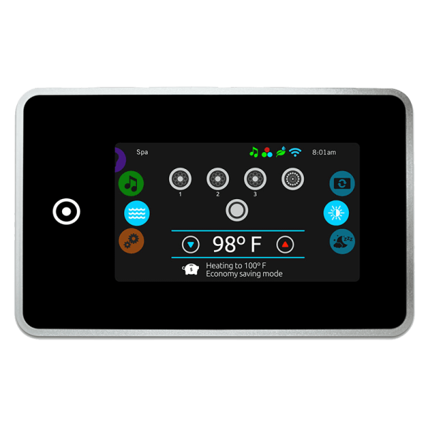 Balboa touchscreen control panel on Coral Bay Deep Deluxe hot tub showing temperature and jet settings
