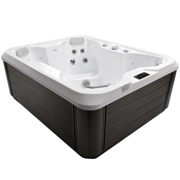 Capri hot tub corner view with white acrylic shell and dark cabinet panels
