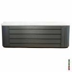 Close up view of Clearwater Holiday hot tub cabinet in grey wood finish