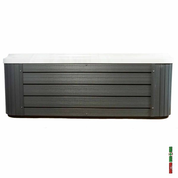 Close up view of Clearwater Holiday hot tub cabinet in grey wood finish