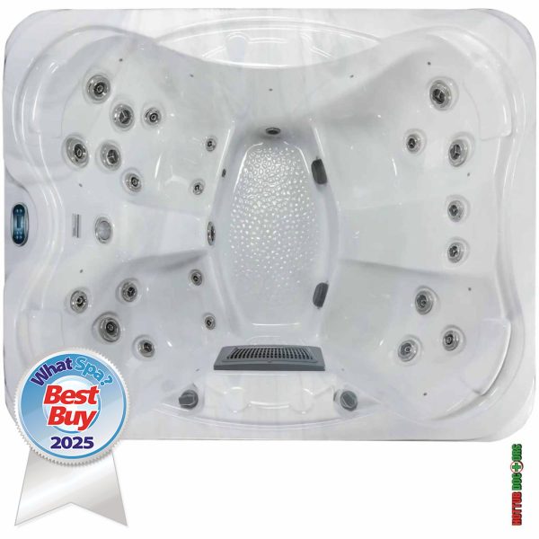 Clearwater Holiday hot tub overhead view with loungers, jets and WhatSpa Best Buy 2025 award