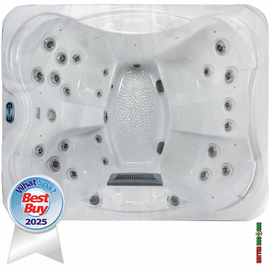 Clearwater Holiday hot tub overhead view with loungers, jets and WhatSpa Best Buy 2025 award