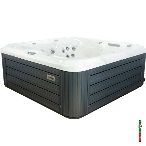 Key West hot tub side cabinet view with grey wood-style cladding