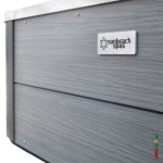 Sunbeach Spas logo on Laguna Deluxe hot tub cabinet panel