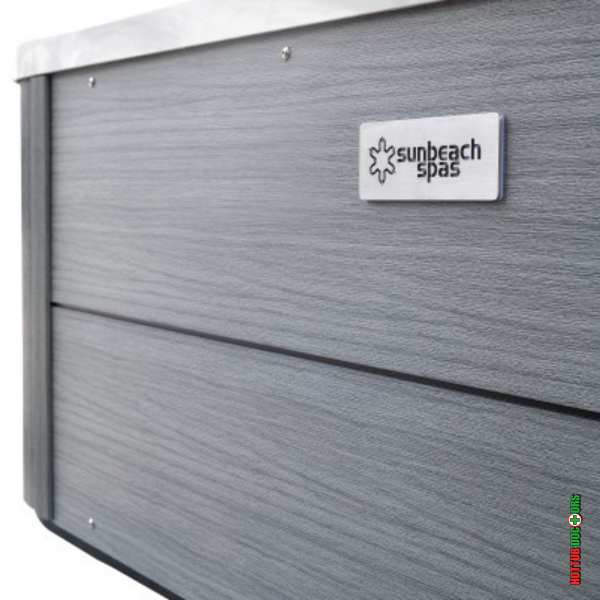 Sunbeach Spas logo on Laguna Deluxe hot tub cabinet panel